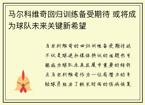 马尔科维奇回归训练备受期待 或将成为球队未来关键新希望