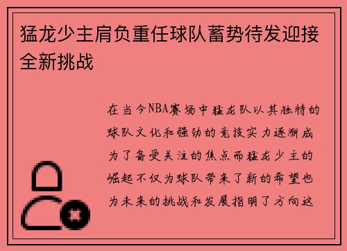 猛龙少主肩负重任球队蓄势待发迎接全新挑战