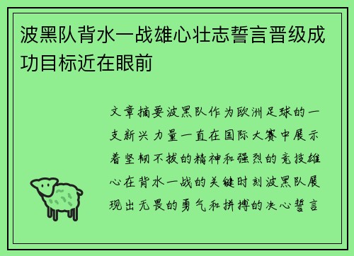 波黑队背水一战雄心壮志誓言晋级成功目标近在眼前