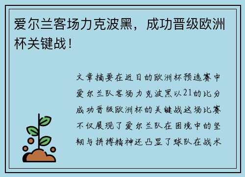 爱尔兰客场力克波黑，成功晋级欧洲杯关键战！