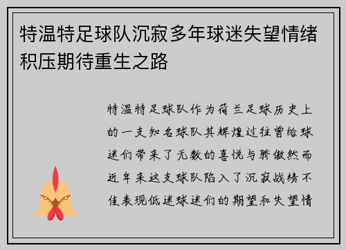 特温特足球队沉寂多年球迷失望情绪积压期待重生之路