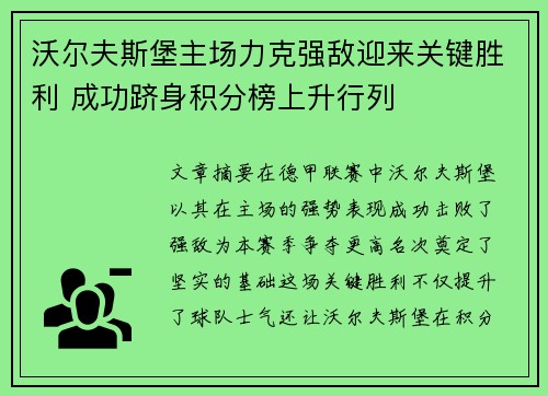 沃尔夫斯堡主场力克强敌迎来关键胜利 成功跻身积分榜上升行列