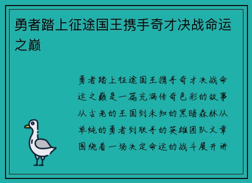 勇者踏上征途国王携手奇才决战命运之巅