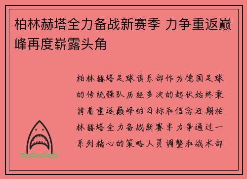 柏林赫塔全力备战新赛季 力争重返巅峰再度崭露头角