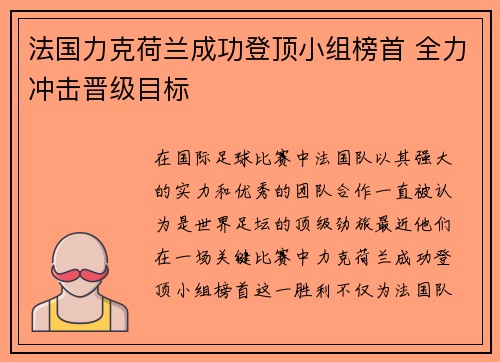 法国力克荷兰成功登顶小组榜首 全力冲击晋级目标