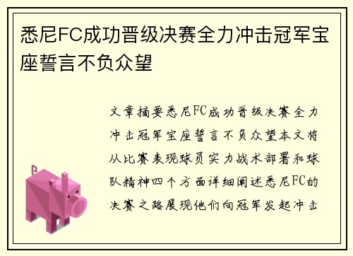 悉尼FC成功晋级决赛全力冲击冠军宝座誓言不负众望