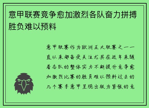 意甲联赛竞争愈加激烈各队奋力拼搏胜负难以预料