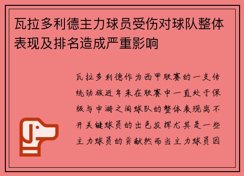 瓦拉多利德主力球员受伤对球队整体表现及排名造成严重影响