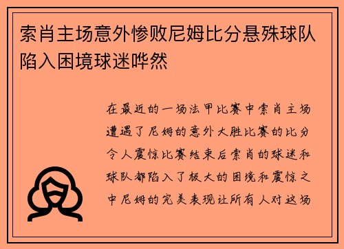 索肖主场意外惨败尼姆比分悬殊球队陷入困境球迷哗然