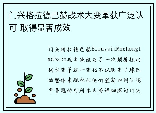 门兴格拉德巴赫战术大变革获广泛认可 取得显著成效