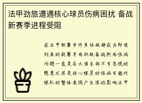 法甲劲旅遭遇核心球员伤病困扰 备战新赛季进程受阻