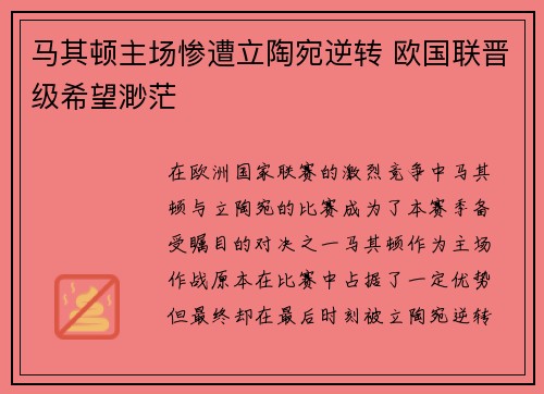马其顿主场惨遭立陶宛逆转 欧国联晋级希望渺茫